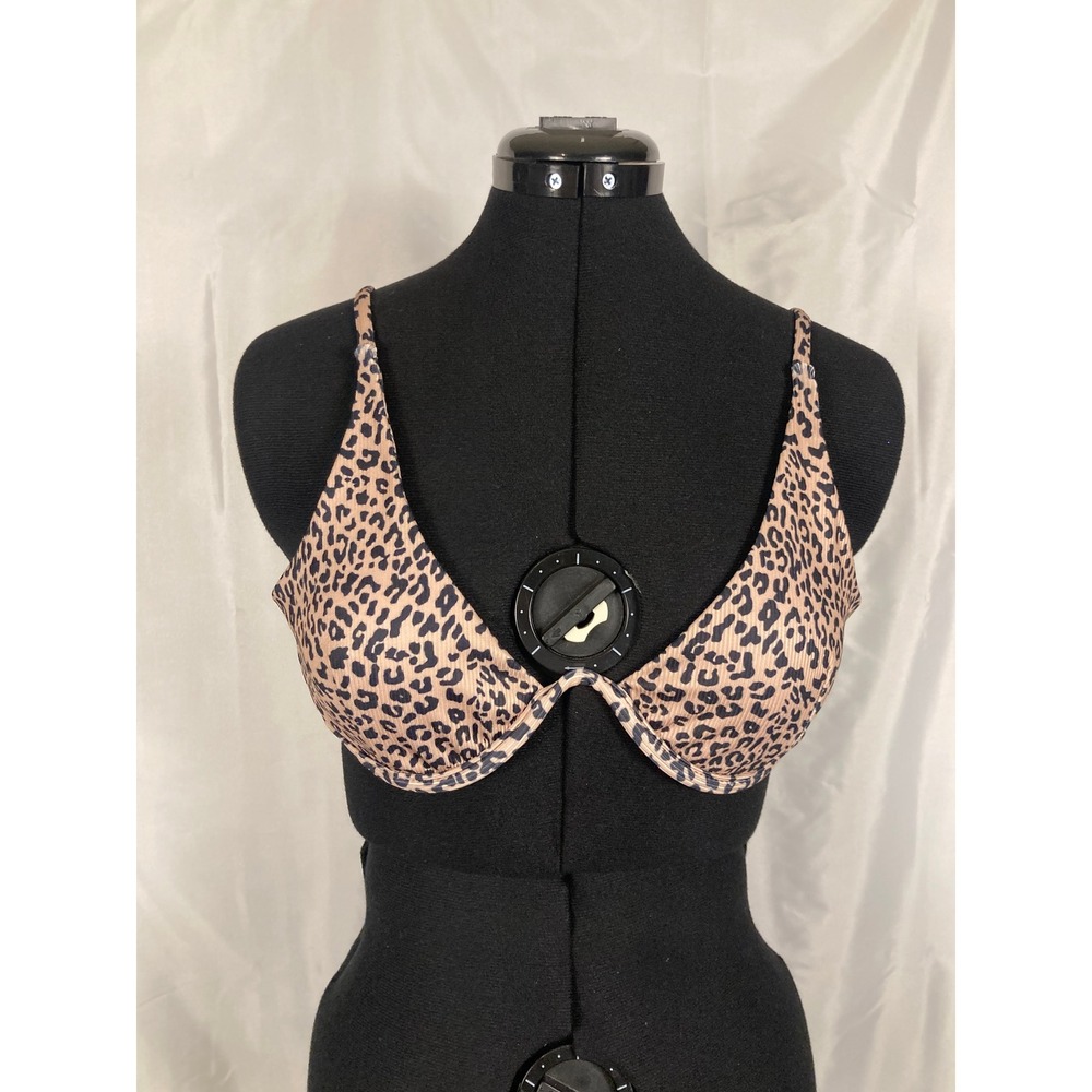 L Leopard Print Ribbed Underwire Bikini Top Tan Black